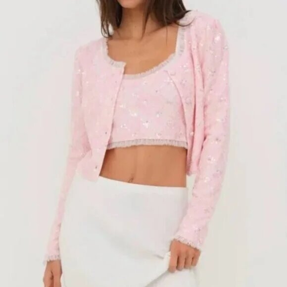 NWT FOR LOVE AND LEMONS ISABEAU PINK LACE SEQUINNED CARDIGAN TOP SIZE L - Picture 1 of 6